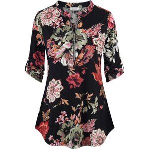 Womens  Black Armygreen Floral 3/4 Sleeve Shirts Zip V Neck Work Chiffon Top